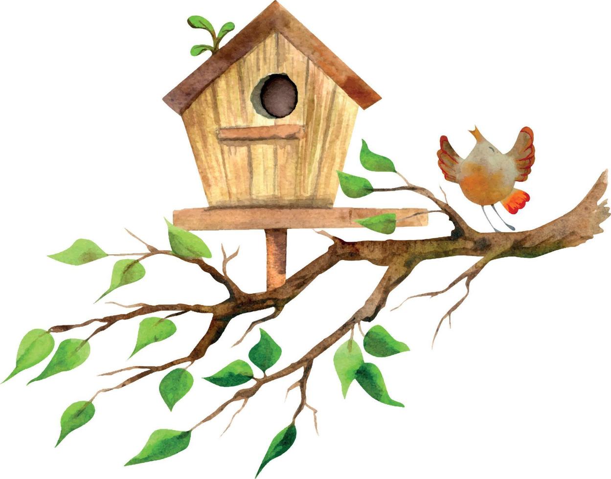 Aquarell handgezeichnetes Vogelhaus auf einem Ast mit einem Vogel, isoliert auf weißem Hintergrund. Design für Karten, Geschenktüten, Einladungen, Textilien, Druck, Tapeten, für Kinder vektor