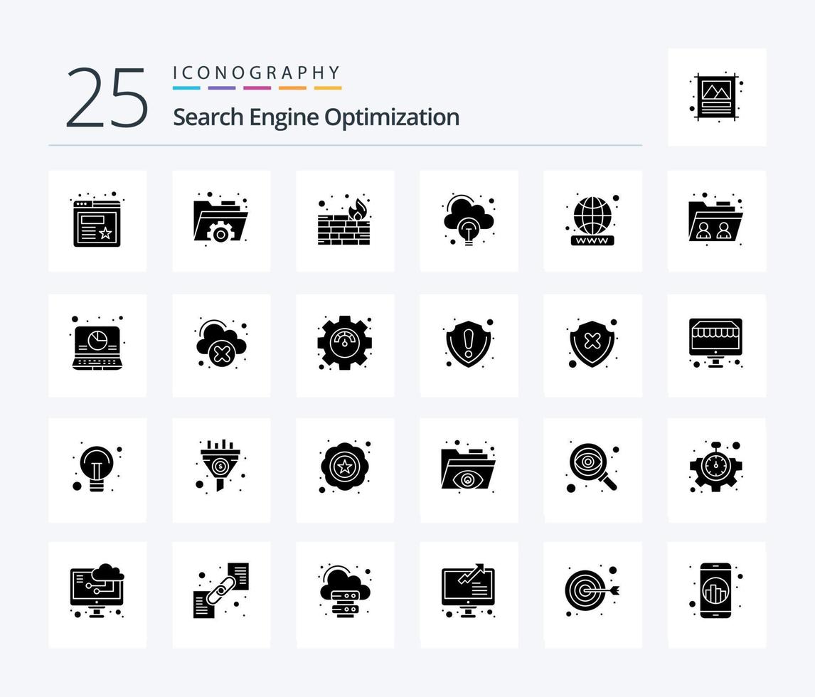 SEO 25 Solid Glyph Icon Pack inklusive Ordner. weltweit. Sicherheit. Webseite. Domain vektor