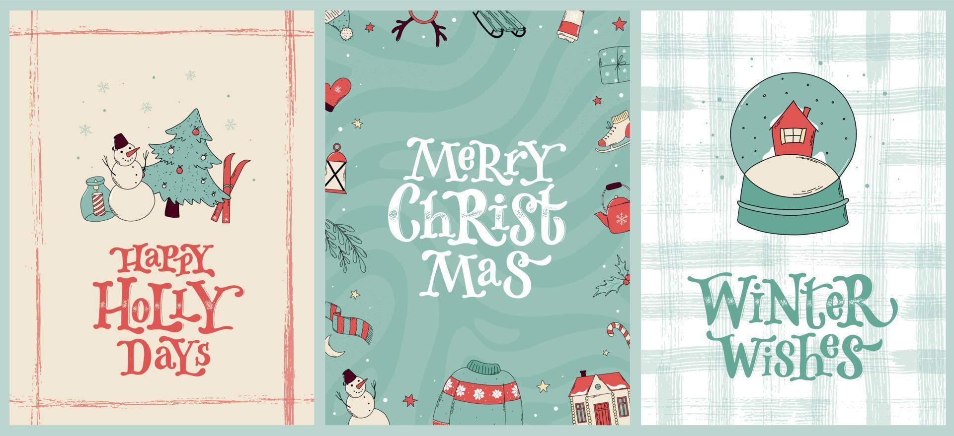 uppsättning av årgång jul kort, affischer, grafik, inbjudningar, banderoller dekorerad med klotter och text citat. eps 10 vektor