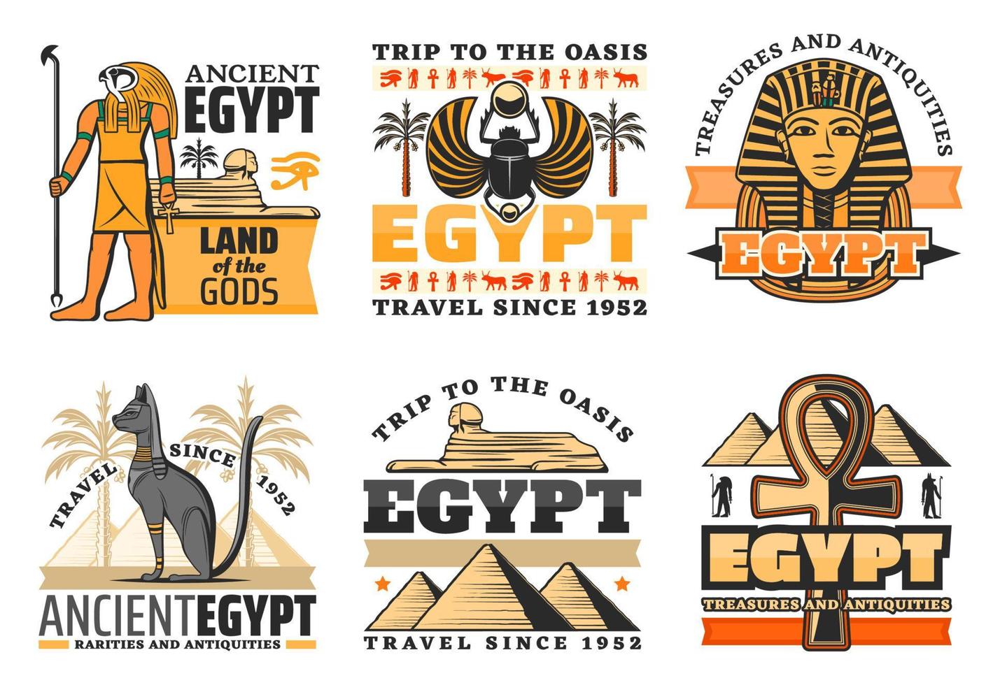 resa till egypten ikoner, egyptisk gudar och sevärdheter vektor