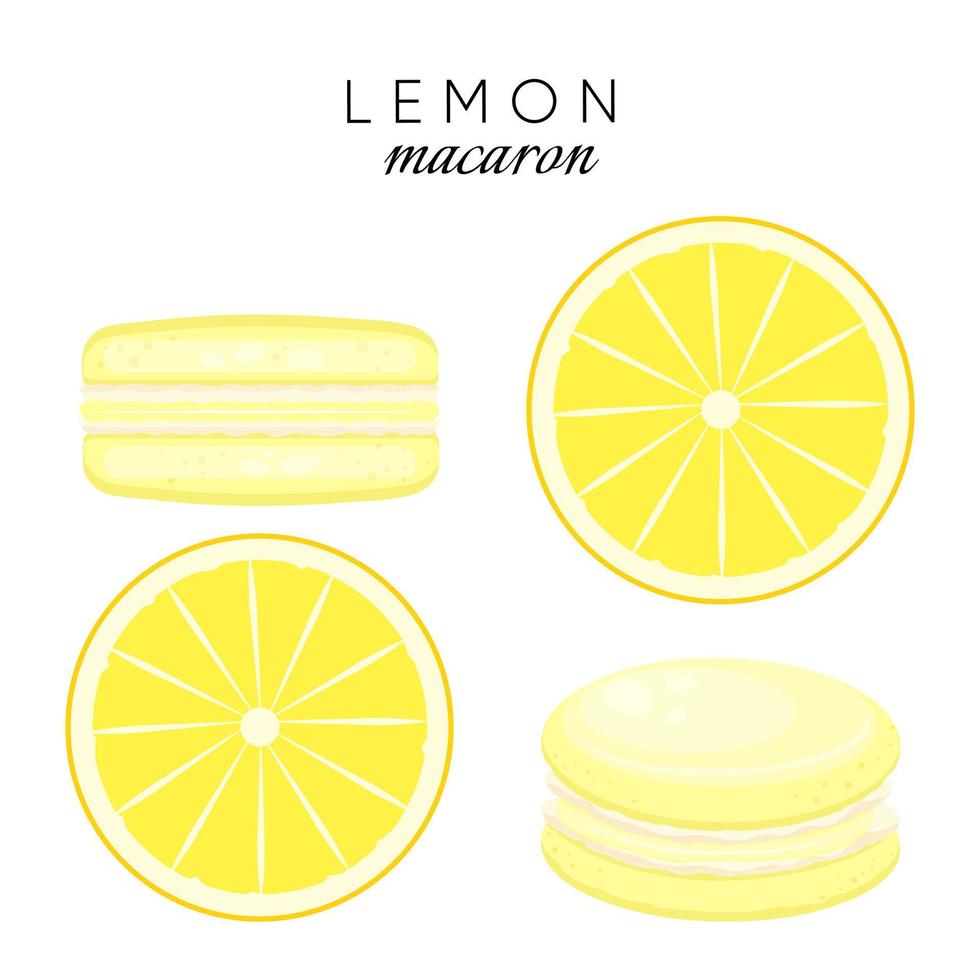 Zitronenmakronen. Vektor traditionelle französische Kekse. Zusammensetzung von Zitrone und Makronen isoliert auf weißem Hintergrund.