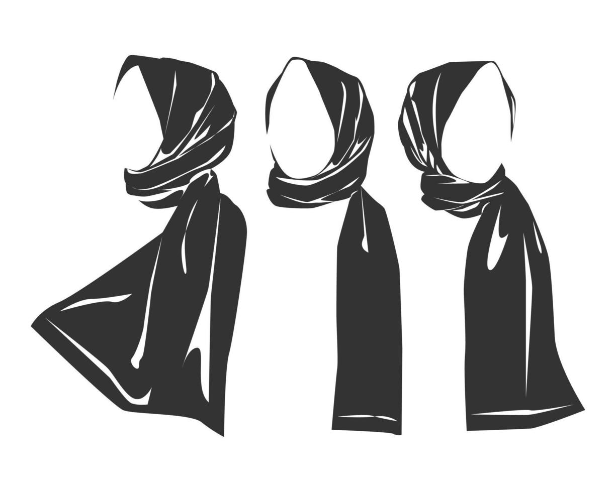 hijab silhuett uppsättning ikon. svart och vit. muslim kvinnors Kläder. isolerat bakgrund. vektor illustration.