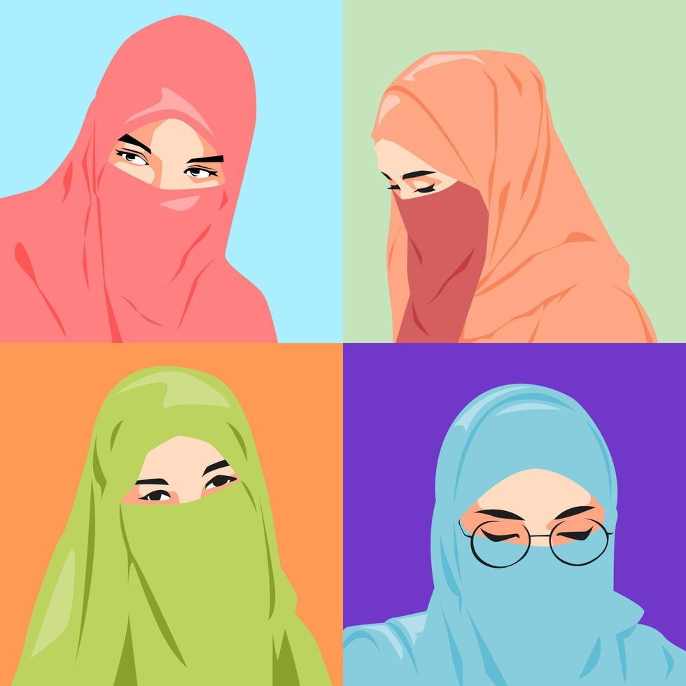 uppsättning av porträtt av flera muslim kvinnor i hijab och slöja. annorlunda Färg, placera. avatar och profil för social media. mall, skriva ut, affisch. vektor illustration