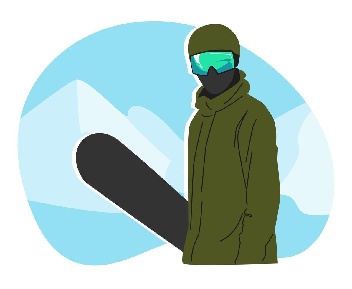 snowboardåkare i full utrusta. hjälm, åka skidor glasögon, snowboard, mask, värma Kläder. halv kropp. snö berg bakgrund. begrepp av vinter, säsong, sport, koppla av. platt vektor illustration