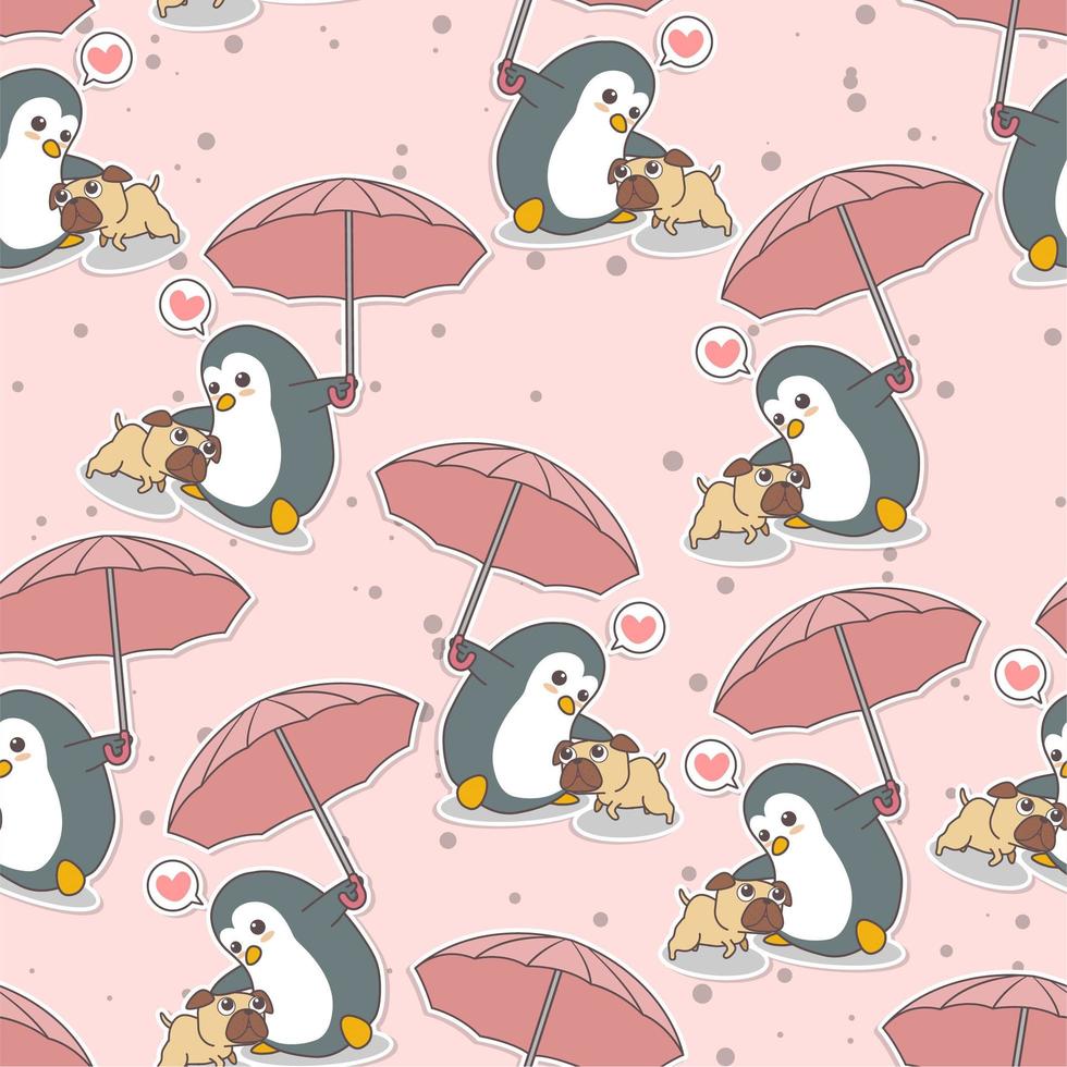 sömlös bedårande pingvin som håller paraply med hundmönster vektor