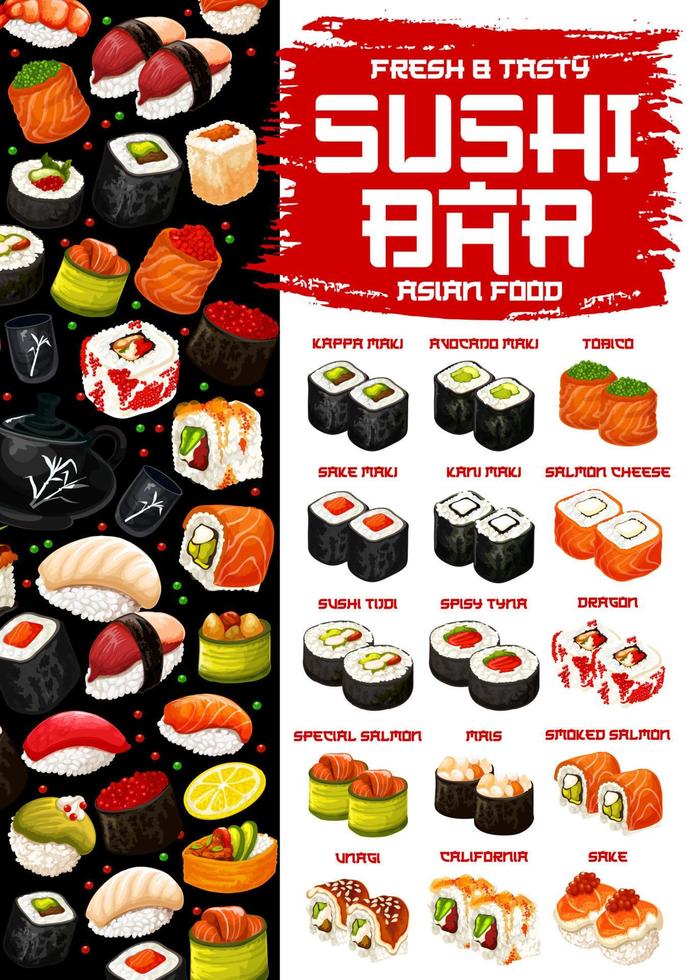 japansk kök meny, sushi och rullar vektor