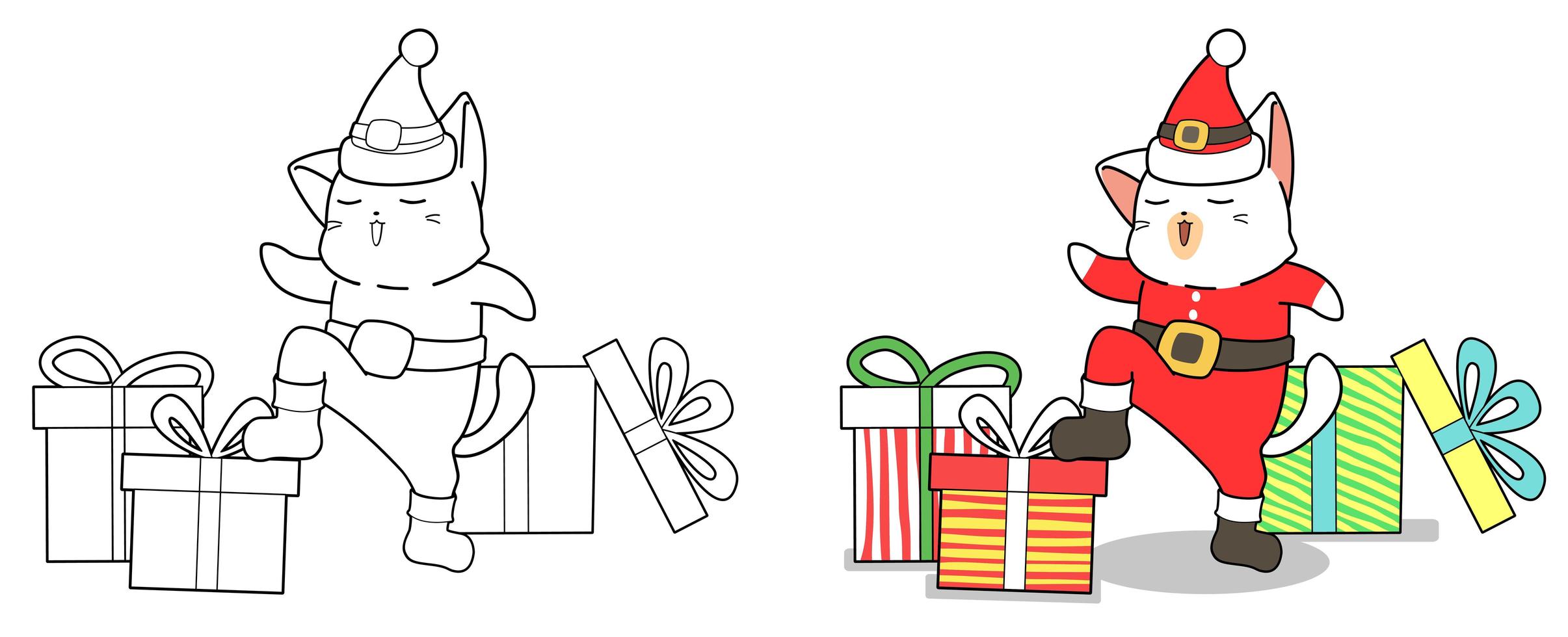 Santa Katze und Geschenke Cartoon Malvorlagen vektor