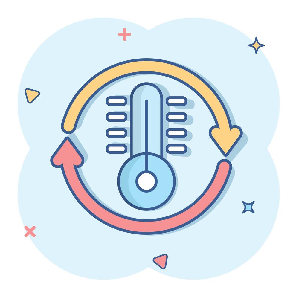 Symbol für die Klimaregelung des Thermometers im Comic-Stil. Meteorologie-Balance-Cartoon-Vektorillustration auf weißem, isoliertem Hintergrund. geschäftskonzept mit heißem, kaltem temperaturspritzeffekt. vektor