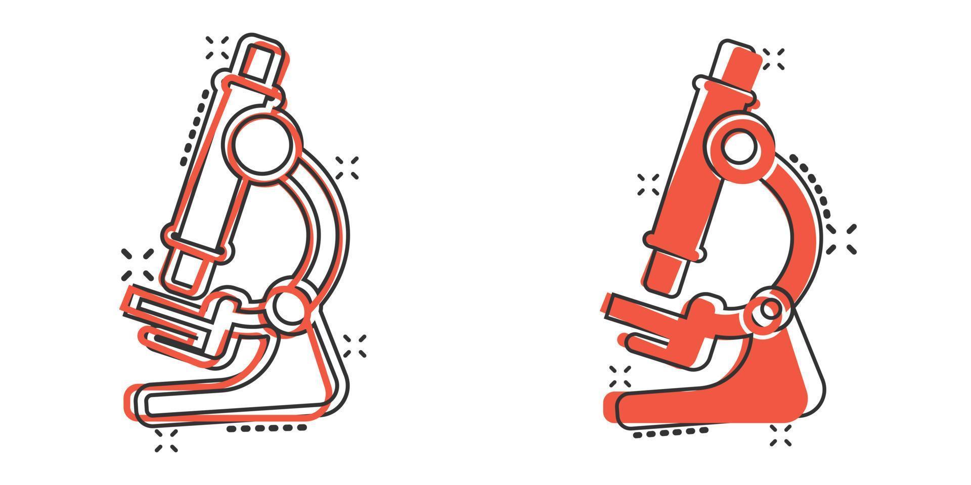 mikroskop ikon i komisk stil. laboratorium förstoringsglas tecknad serie vektor illustration på isolerat bakgrund. biologi instrument stänk effekt tecken företag begrepp.