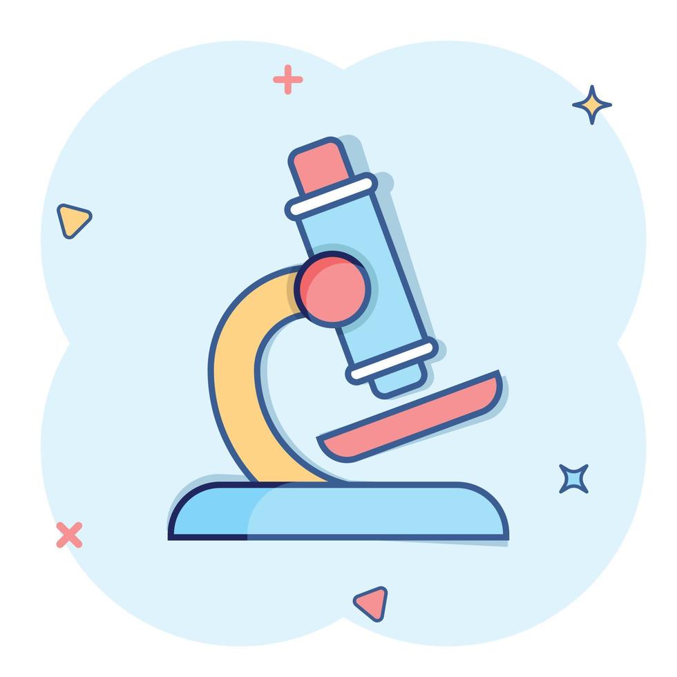 mikroskop ikon i komisk stil. laboratorium förstoringsglas tecknad serie vektor illustration på isolerat bakgrund. biologi instrument stänk effekt tecken företag begrepp.