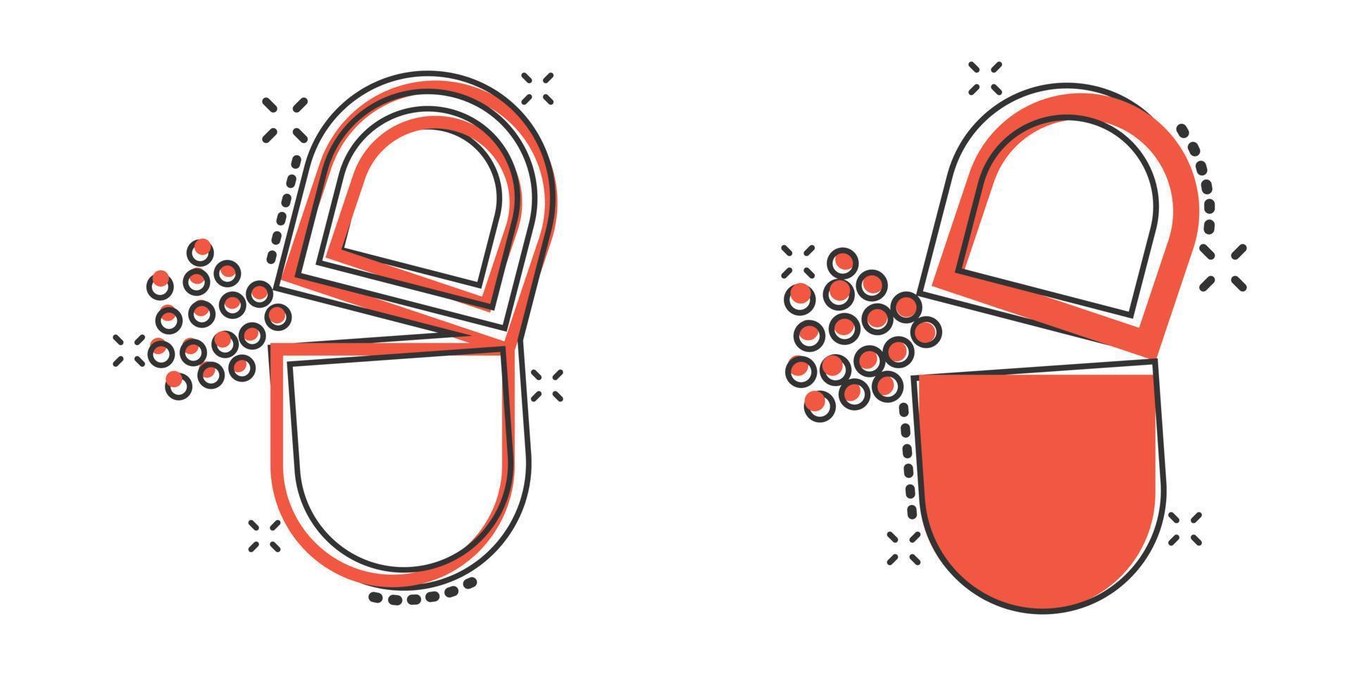 vitamin piller notera ikon i komisk stil. kapsel tecknad serie vektor illustration på vit isolerat bakgrund. antibiotikum stänk effekt tecken företag begrepp.