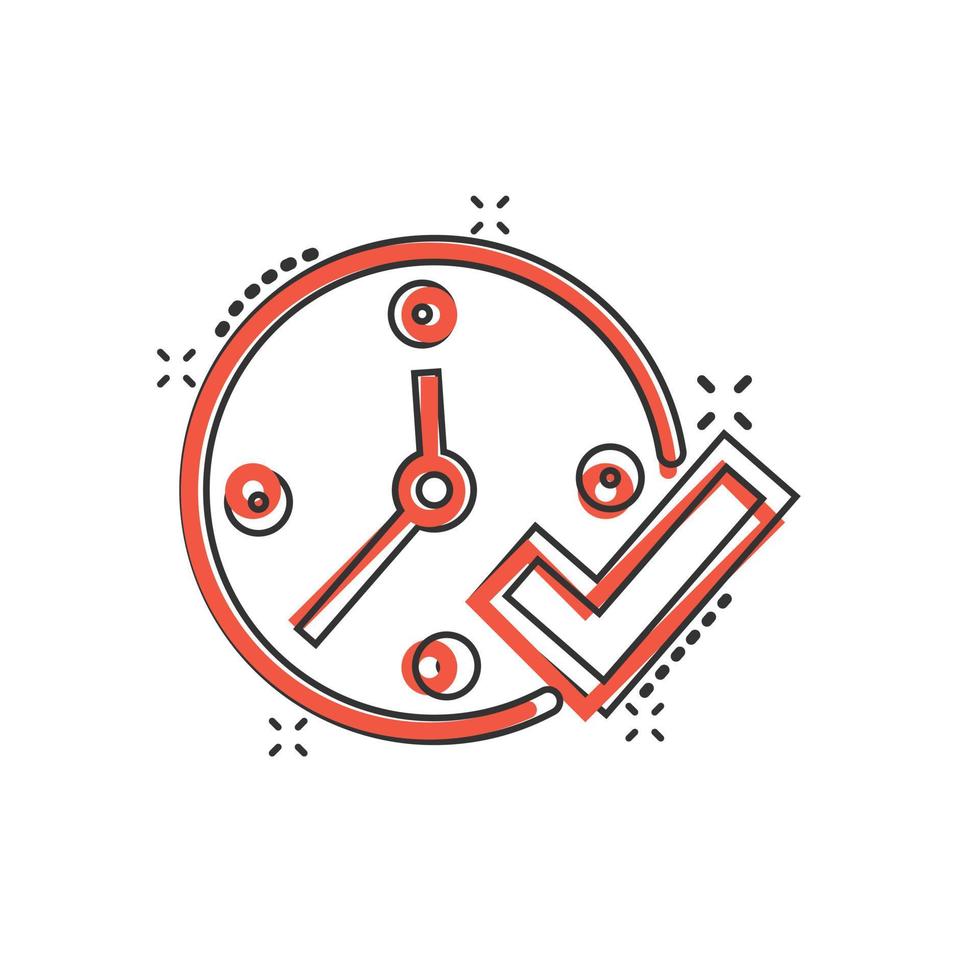 Uhr-Häkchen-Symbol im Comic-Stil. Timer-Zulassung Cartoon-Vektor-Illustration auf weißem Hintergrund isoliert. Geschäftskonzept mit Splash-Effekt bestätigen. vektor