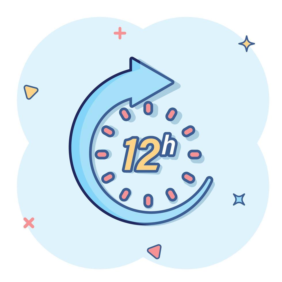 12-Stunden-Uhr-Symbol im Comic-Stil. Timer-Countdown-Cartoon-Vektorillustration auf isoliertem Hintergrund. Zeit Maßnahme Spritzeffekt Zeichen Geschäftskonzept. vektor