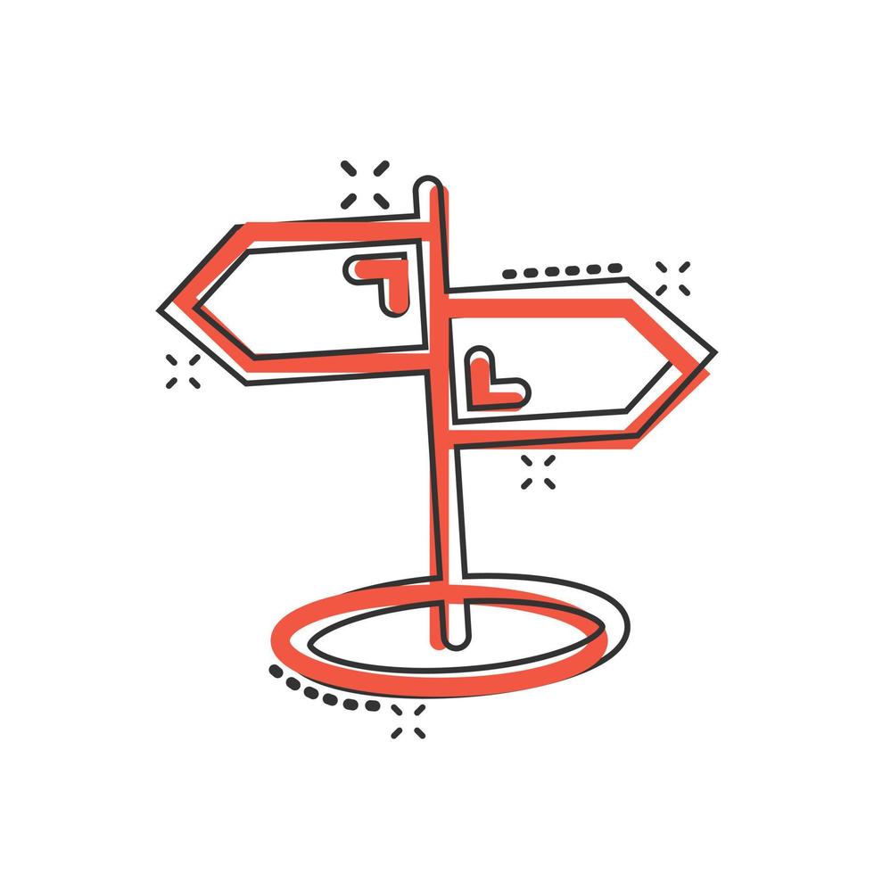 skiljeväg vägvisare ikon i komisk stil. väg riktning tecknad serie vektor illustration på vit isolerat bakgrund. vägskylt stänk effekt företag begrepp.