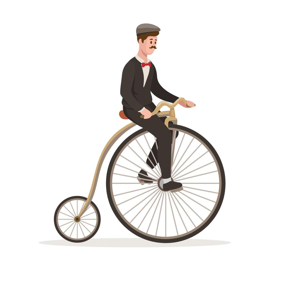 mann, der vintage altes fahrrad großes rad karikaturillustrationsvektor reitet vektor