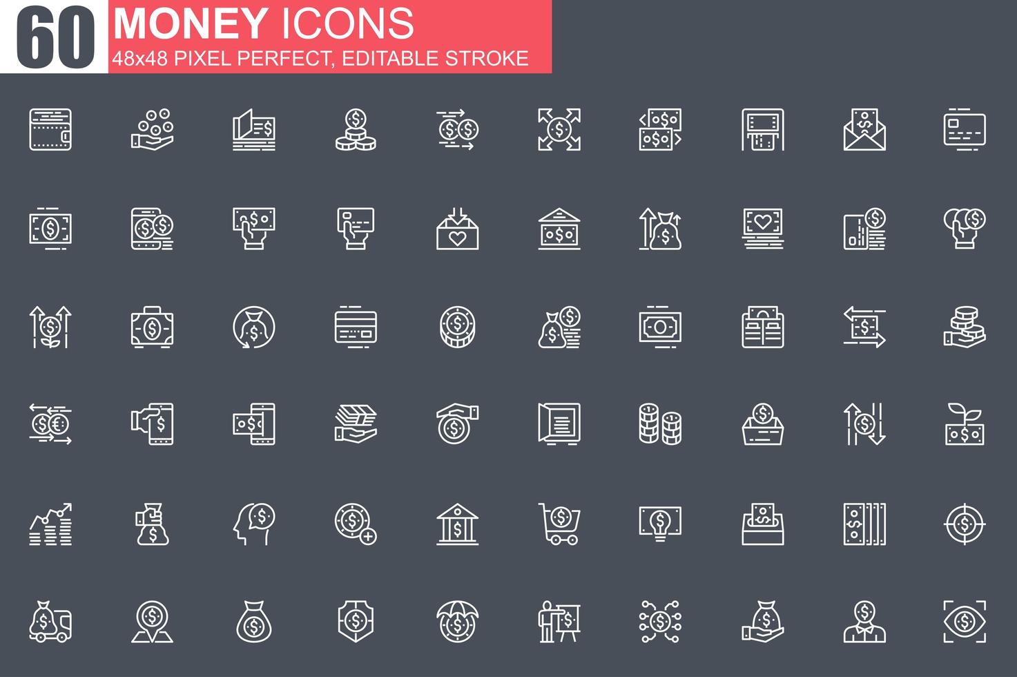 Geld dünne Linie Icon Set vektor