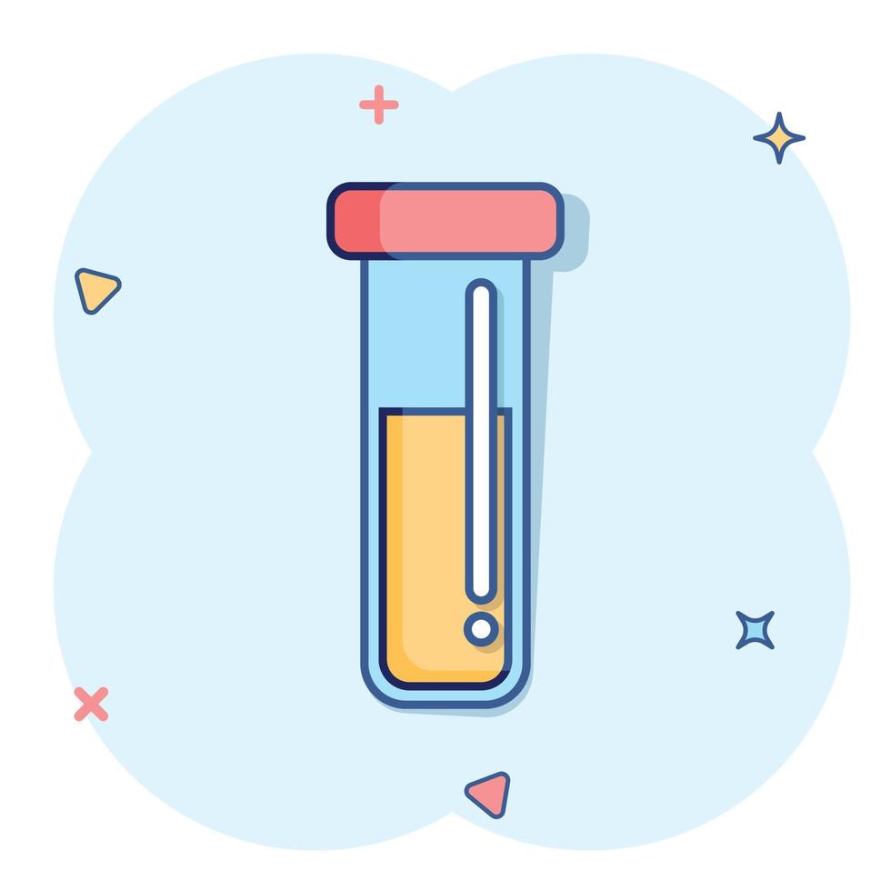 blod i testa rör ikon i komisk stil. laboratorium flaska tecknad serie vektor illustration på isolerat bakgrund. flytande i bägare stänk effekt tecken företag begrepp.