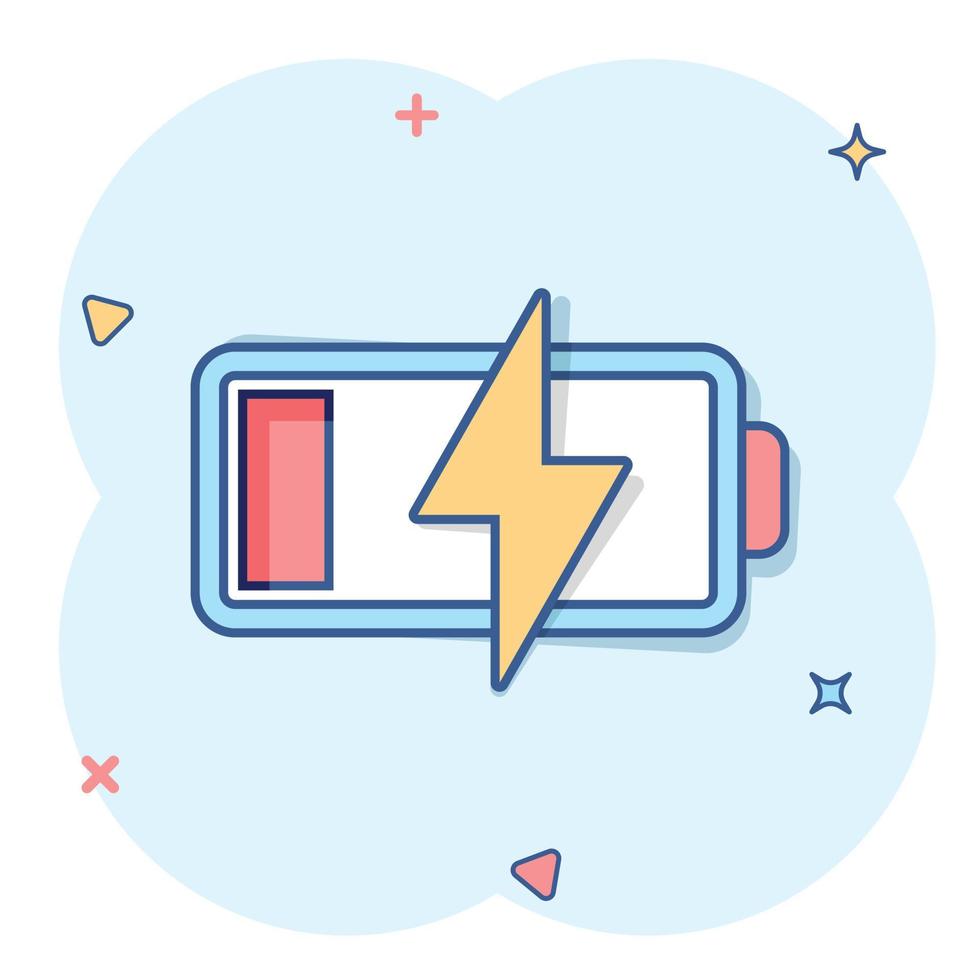 Batterieladesymbol im Comic-Stil. Cartoon-Vektor-Illustration der Leistungsstufe auf weißem, isoliertem Hintergrund. Geschäftskonzept mit Lithium-Akku-Splash-Effekt. vektor