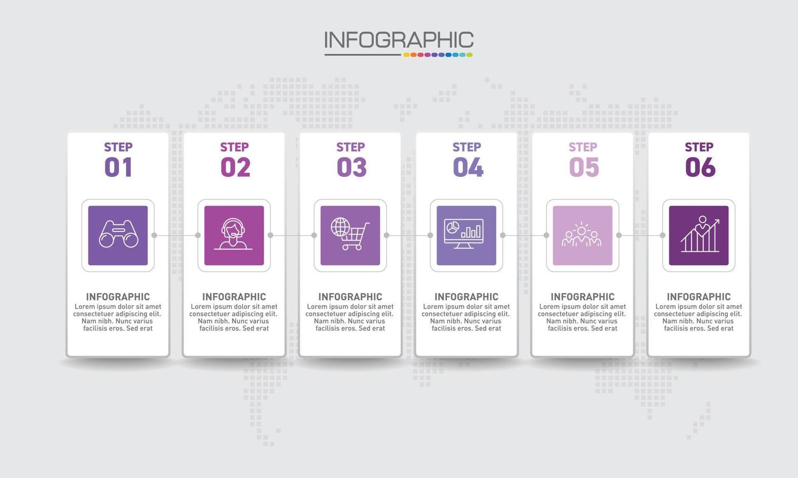 infographics design 6 steg med marknadsföring ikoner kan vara Begagnade för arbetsflöde layout, diagram, årlig Rapportera, webb design. vektor