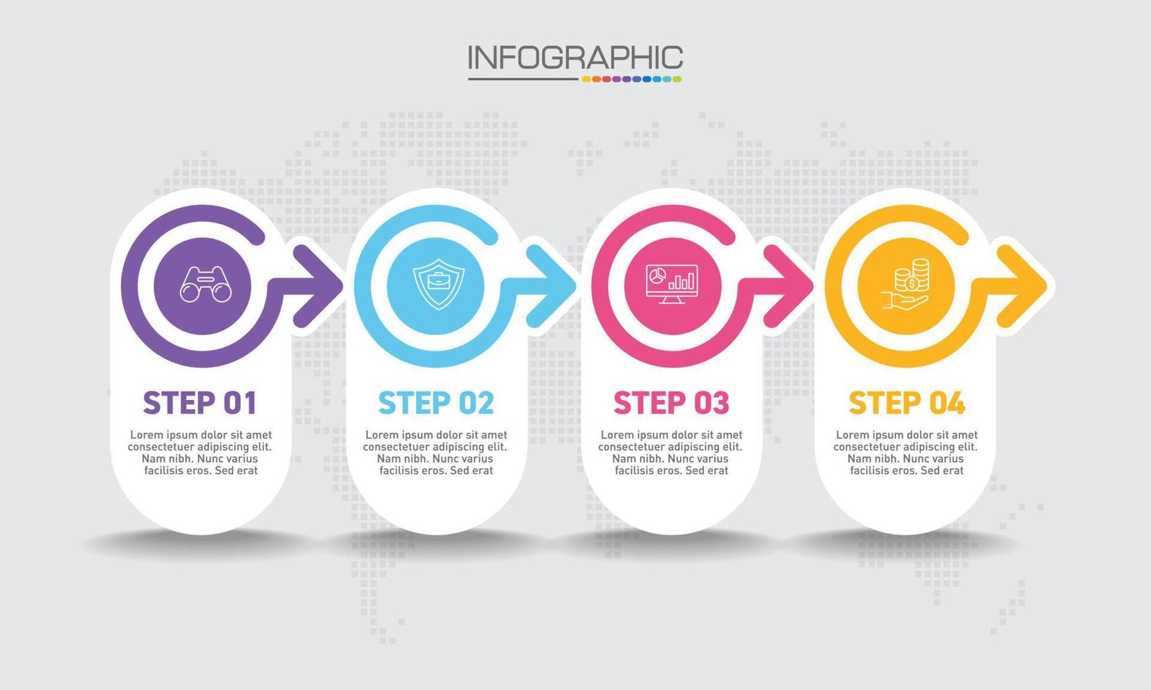 infographics design 4 steg med marknadsföringsikoner kan användas för arbetsflödeslayout, diagram, årsredovisning, webbdesign. vektor