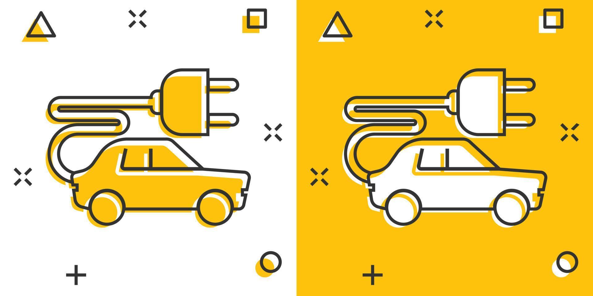 elektrisk bil ikon i komisk stil. elektro bil tecknad serie vektor illustration på vit isolerat bakgrund. ekologi transport stänk effekt företag begrepp.