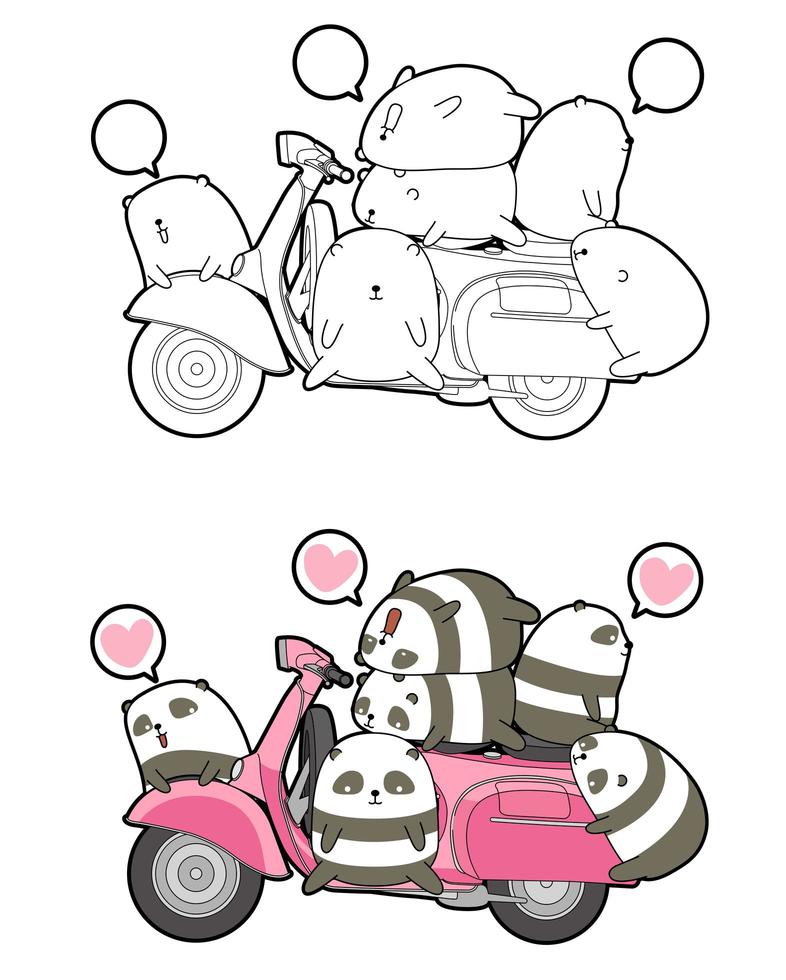 Pandas und Motorrad Cartoon Malvorlagen vektor