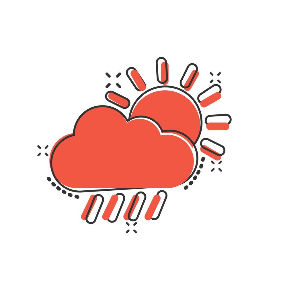 väder ikon i komisk stil. Sol, moln och regn tecknad serie vektor illustration på vit isolerat bakgrund. meteorologi stänk effekt tecken företag begrepp.