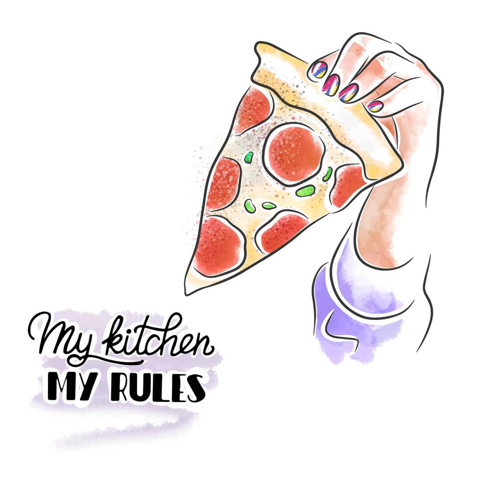 hand med trendig manikyr innehar pizza, text, vattenfärg vektor