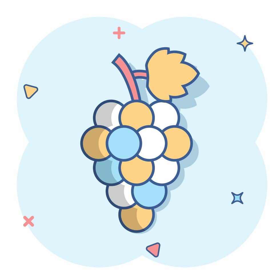 Vektor-Cartoon-Traubenfrucht mit Blattsymbol im Comic-Stil. Wein Zeichen Abbildung Piktogramm. Grapevine Business Splash-Effekt-Konzept. vektor