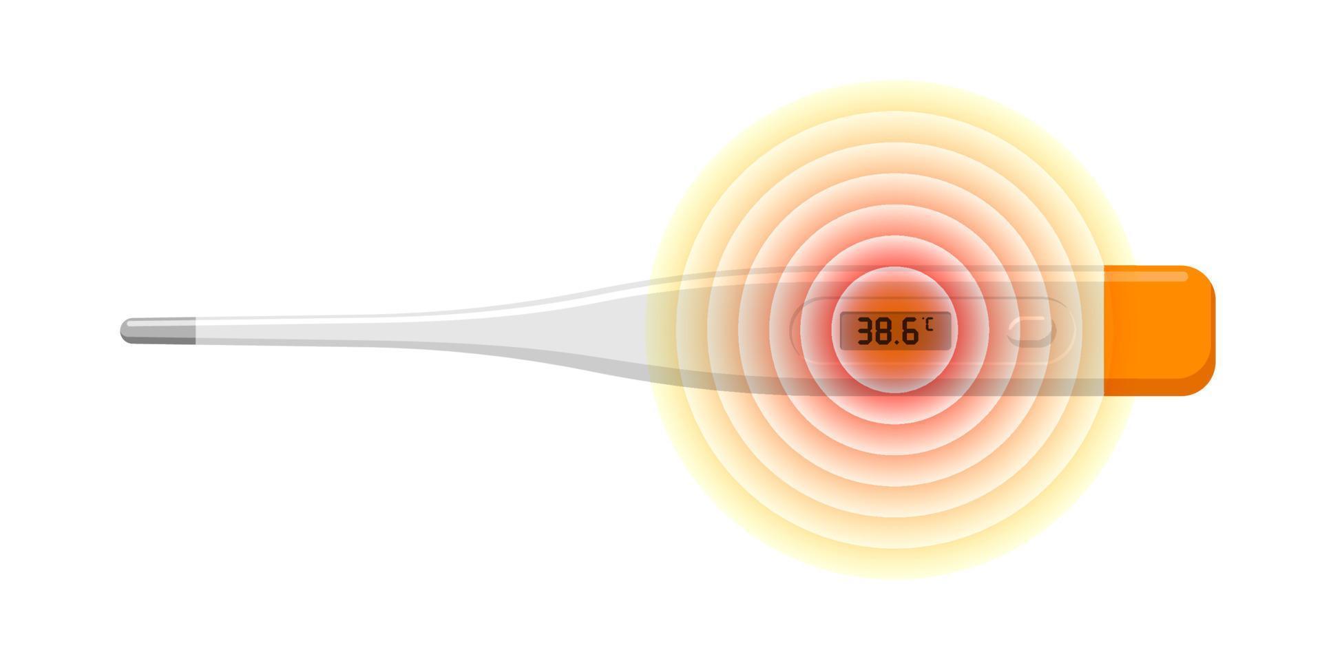 elektronisches thermometer zeigt erhöhte temperatur ungesunde krankheit mensch. digitales medizinisches Messen und Fieber 38,6 Grad anzeigen. Krankheitskonzept. vektor eps isolierte illustration