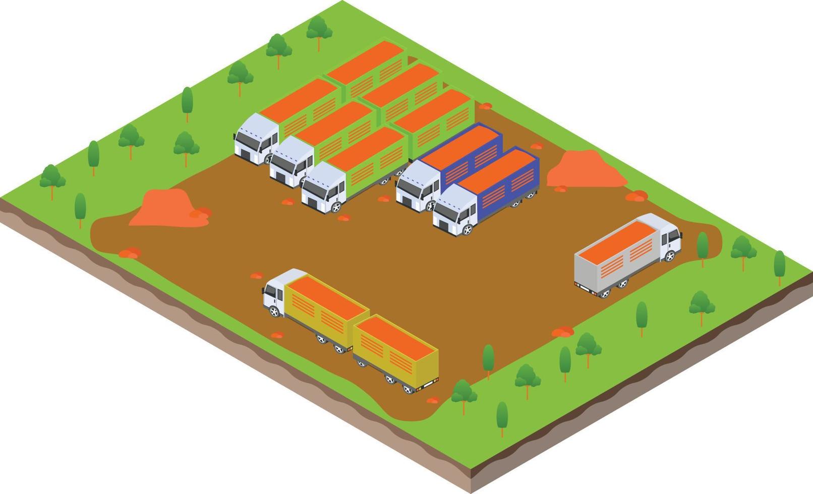 isometrisk scen av frakt trailer lastbil med en ladda av jord på avlastning bearbeta vektor