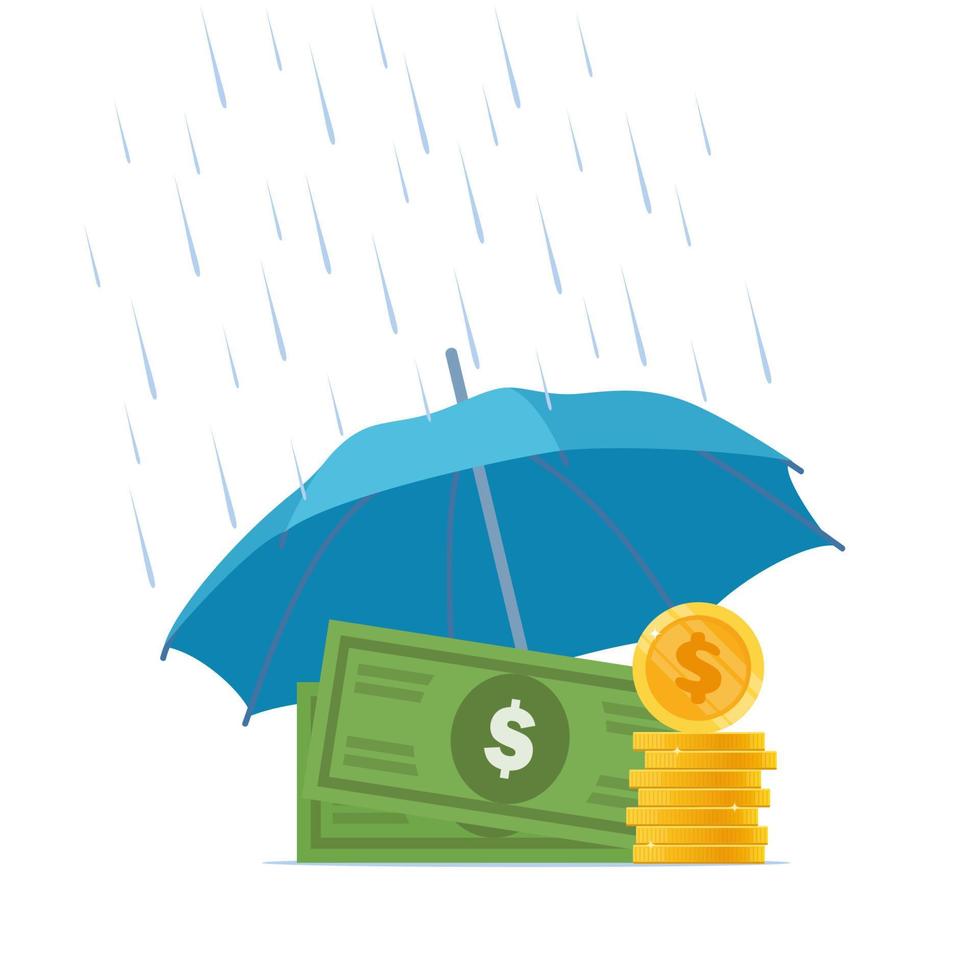 pengar under paraply. begrepp av pengar skydd, finansiell besparingar. blå paraply, stor lugg av kontanter. vektor illustration.