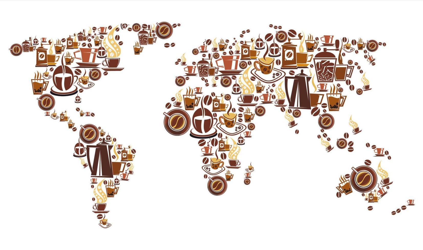kaffe värld Karta med kontinent av varm dryck kopp vektor