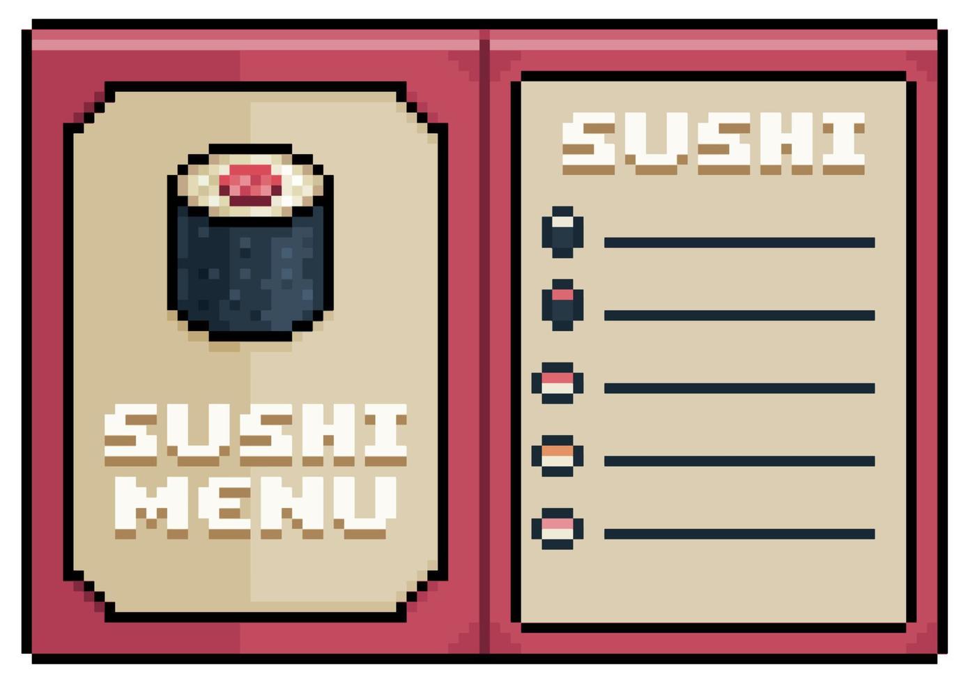 Pixelkunst-Sushi und japanische Speisekarte, offenes Papiermenü-Vektorsymbol für 8-Bit-Spiel auf weißem Hintergrund vektor