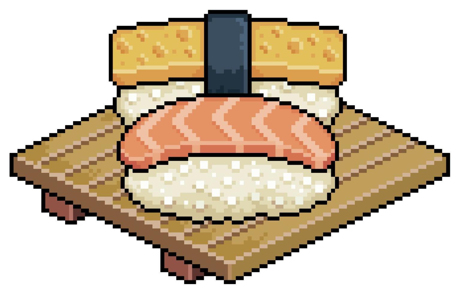 Pixel Art Sake Nigiri und Tamago auf hölzernem Sushi-Brett-Vektorsymbol für 8-Bit-Spiel auf weißem Hintergrund vektor