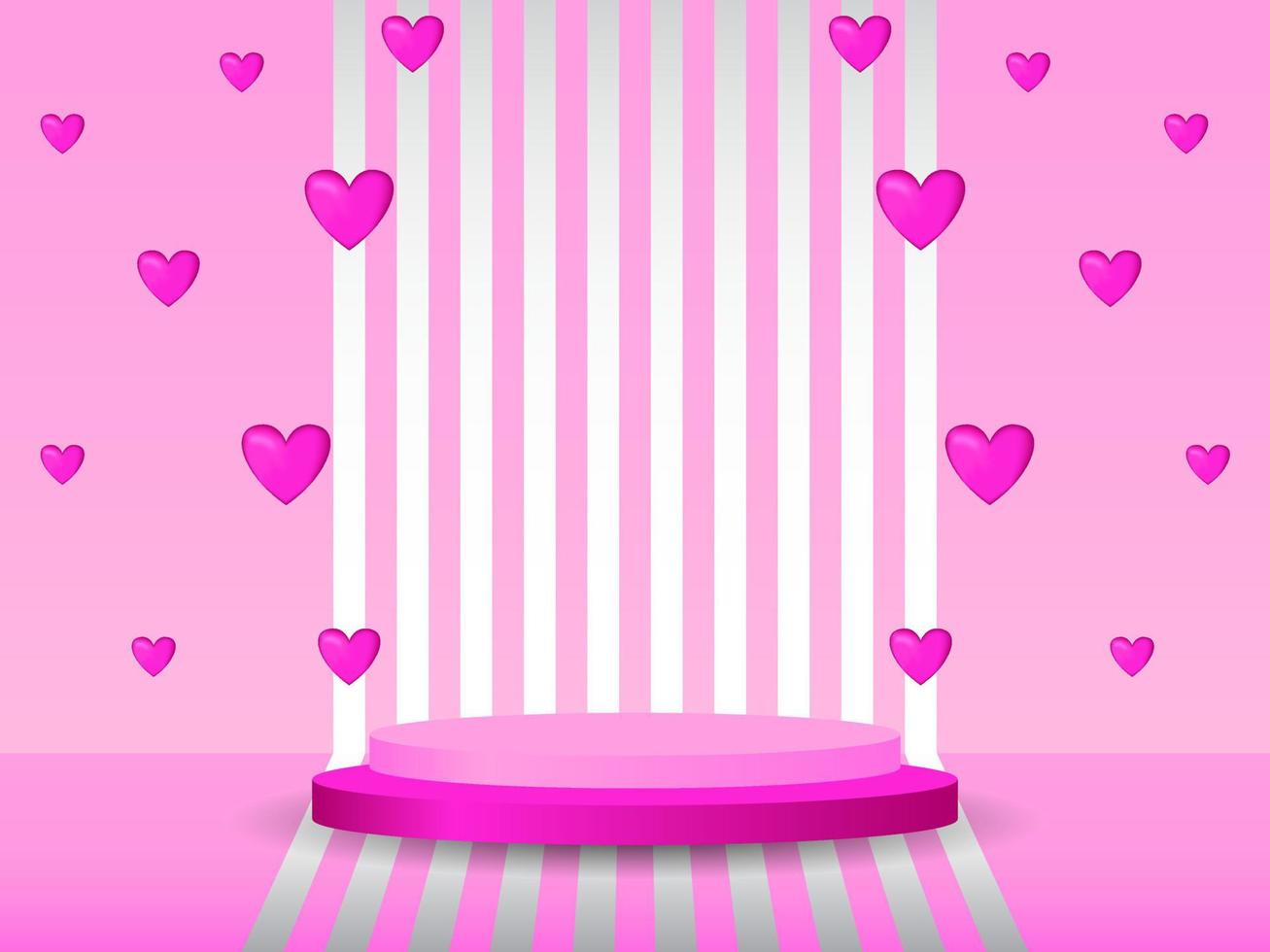 realistisches rosa 3d-zylinderpodest auf gestreiftem hintergrund mit herzen herum. Valentins minimale Bühne für Produktdemonstration, Werbedisplay. Vektor-Design-Studio-Raum-Plattform vektor