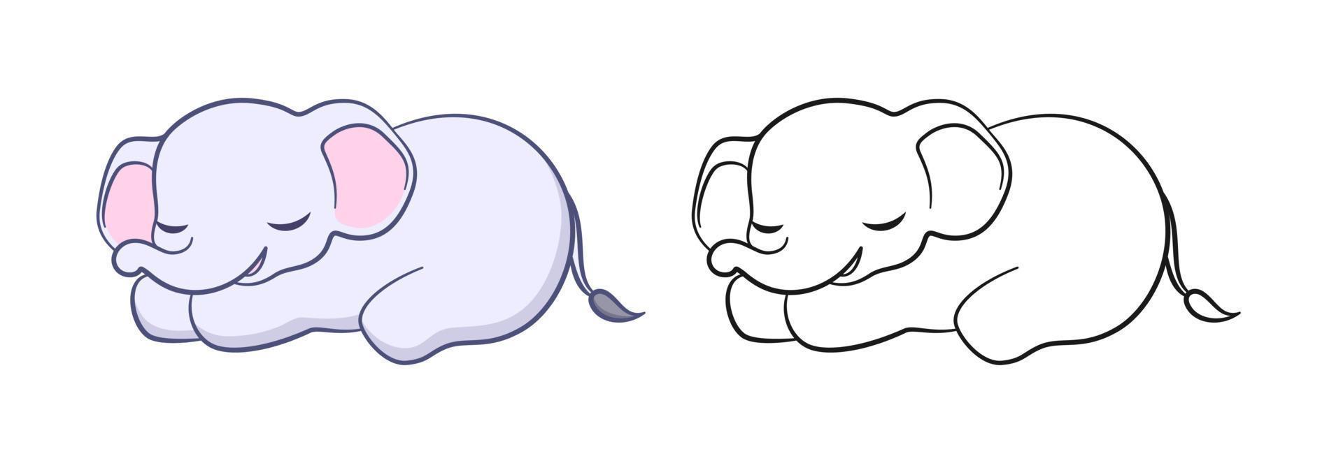 niedlicher schlafender baby-elefant-karikatur-entwurfs-illustrationssatz. Einfache Tier-Malbuchseiten-Aktivität für Kinder vektor