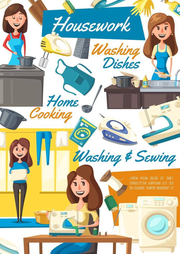 hushållsarbete och hushållning affisch med hemmafru vektor