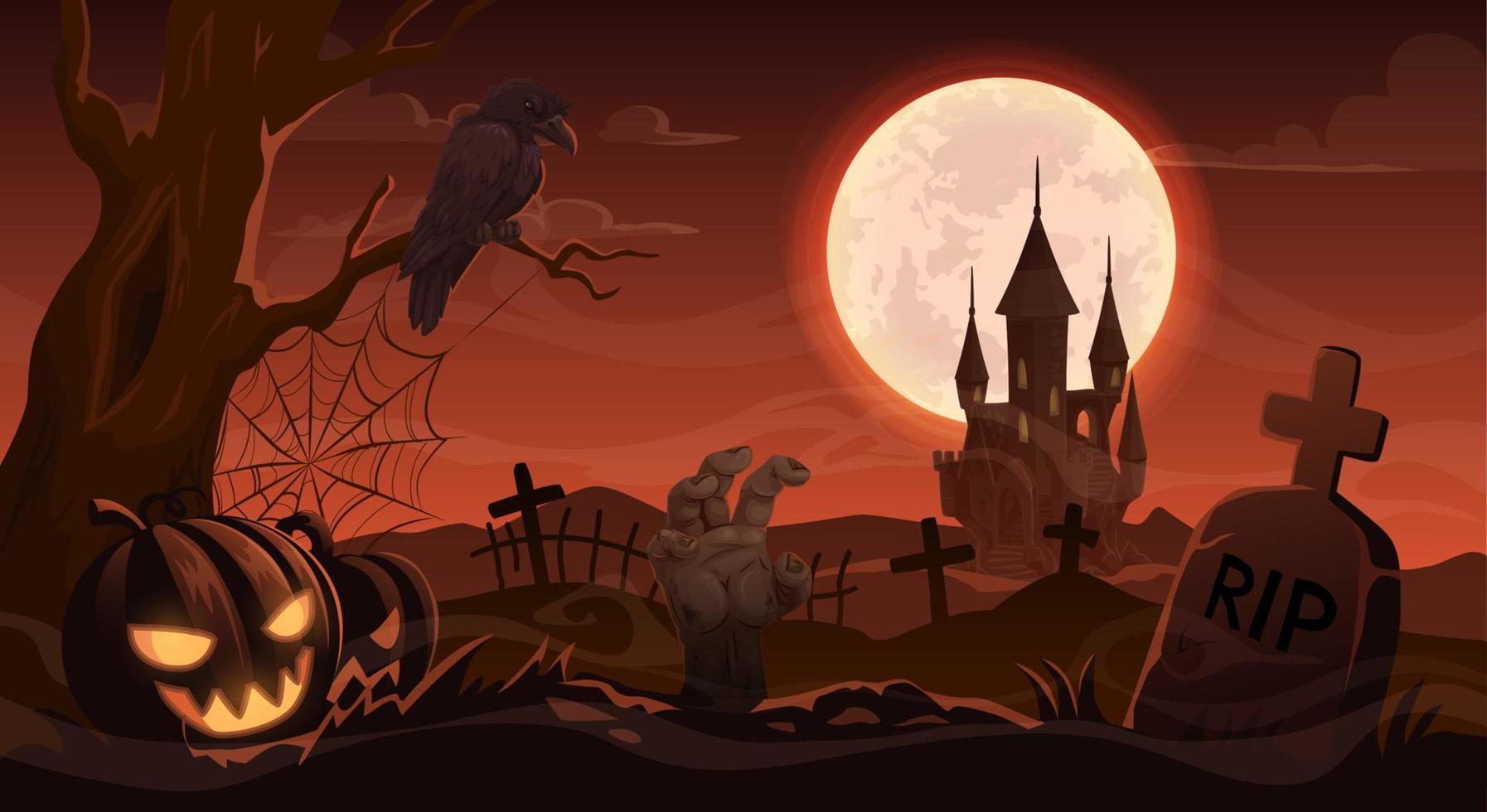 halloween zombie hand, gravsten på kyrkogård vektor