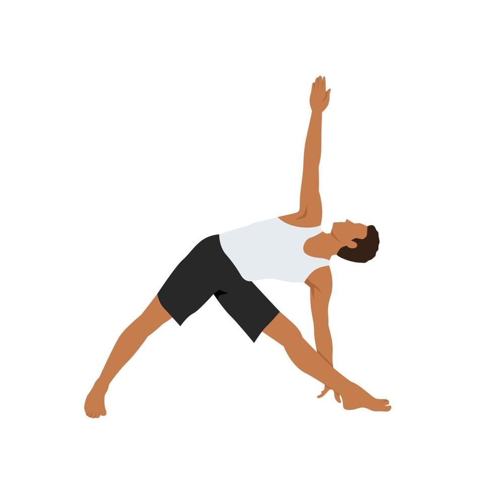 Mann, der eine gedrehte Dreieck-Yoga-Pose macht. parivrtta trikonasana. flache vektorillustration lokalisiert auf weißem hintergrund vektor