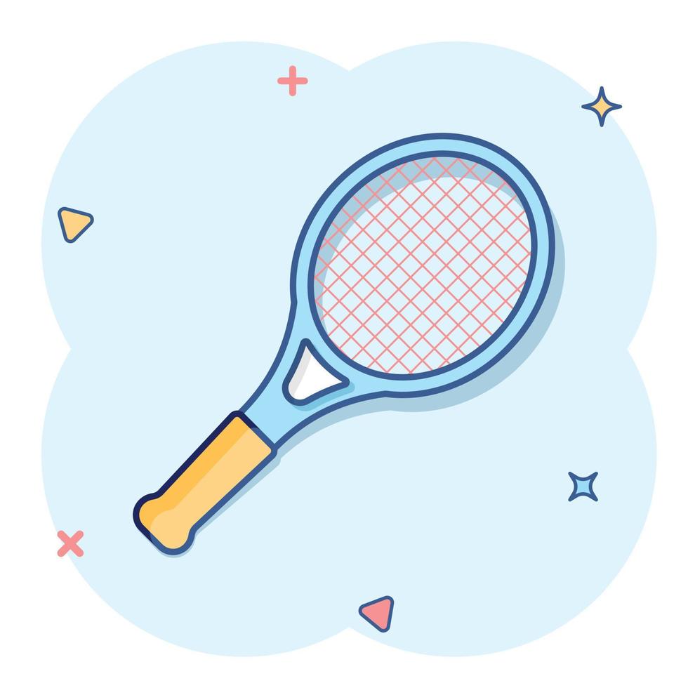 tennis racket ikon i komisk stil. gaming racketen tecknad serie vektor illustration på isolerat bakgrund. sport aktivitet stänk effekt tecken företag begrepp.