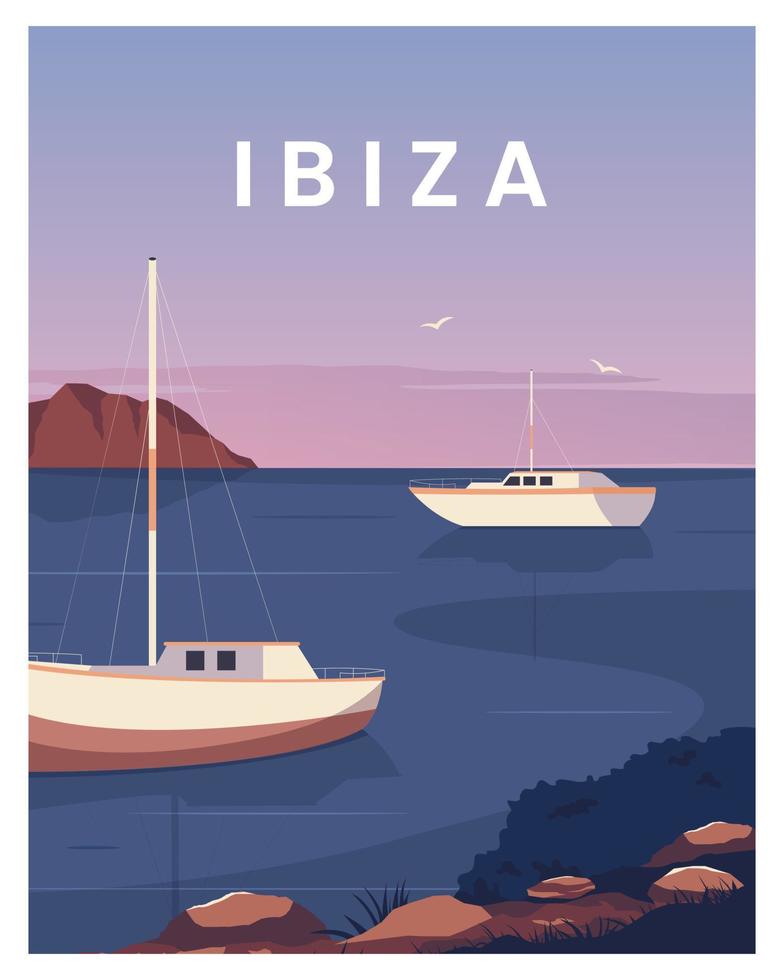 Reiseposter von Ibiza-Meer mit Bootslandschaft. reise nach ibiza, spanien. Vektorillustrationshintergrund geeignet für Poster, Karten, Postkarten. vektor