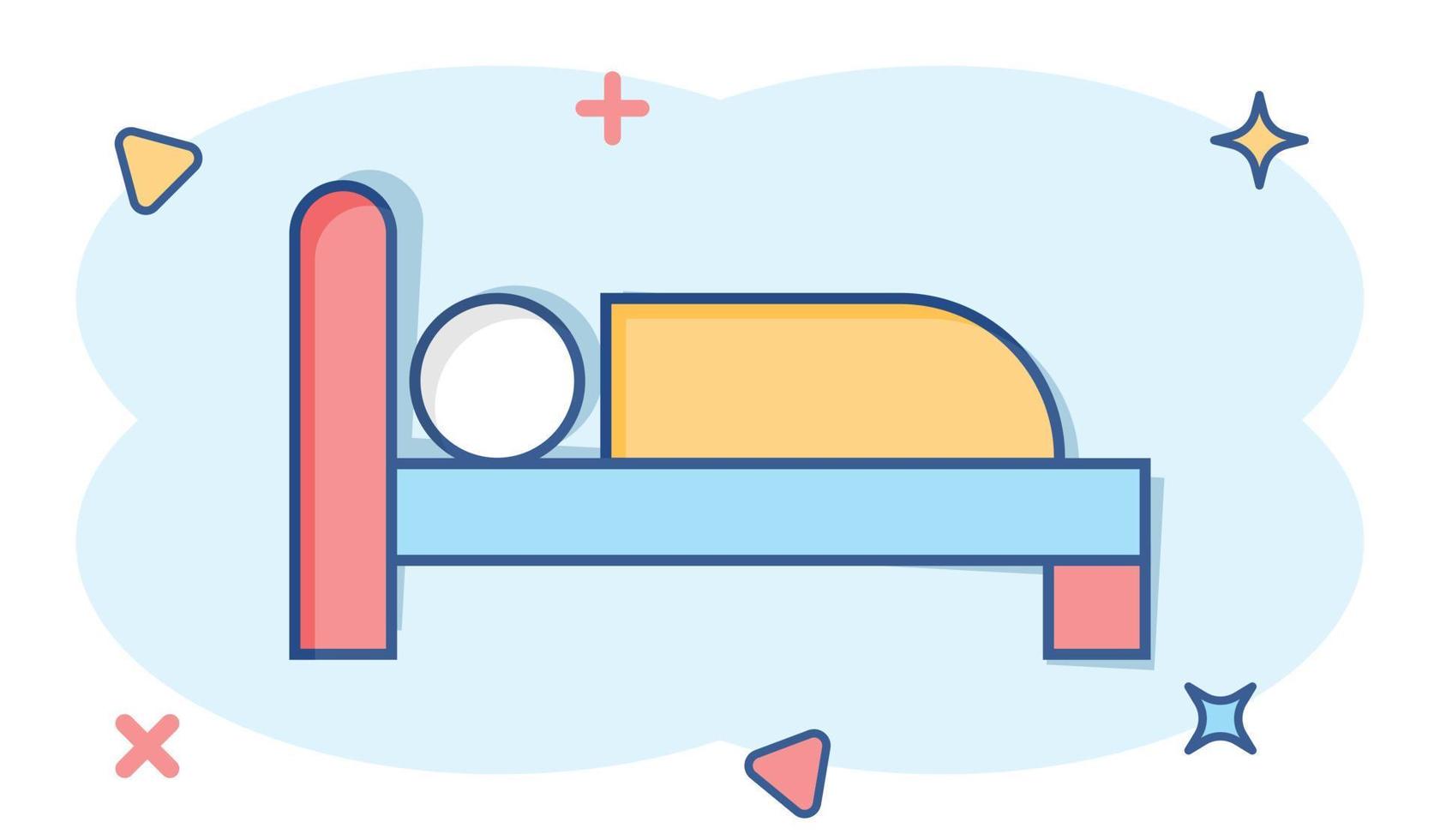 Bett-Symbol im Comic-Stil. Schlaf Schlafzimmer Vektor Cartoon Illustration Piktogramm. Relax Sofa Geschäftskonzept Splash-Effekt.