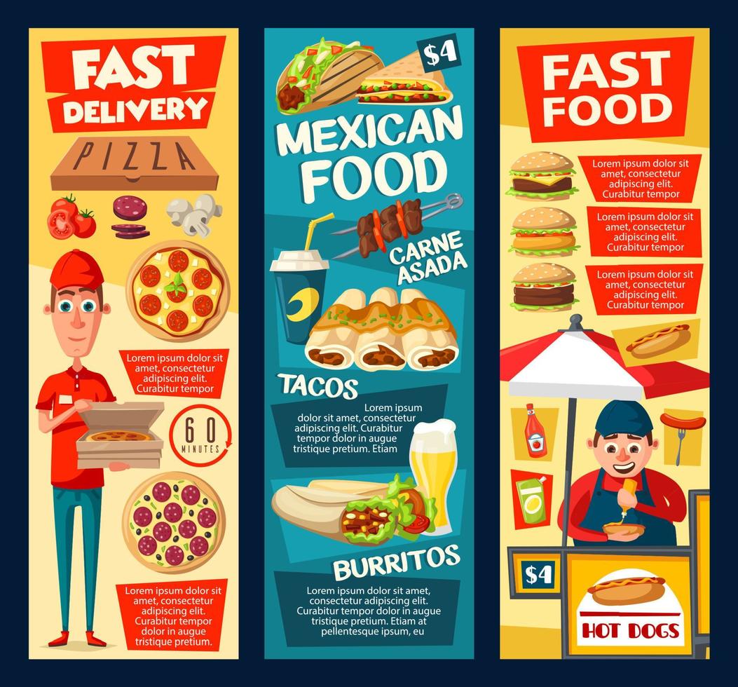 Fast-Food-Hot-Dog-Verkäufer, Pizza und Tacos vektor