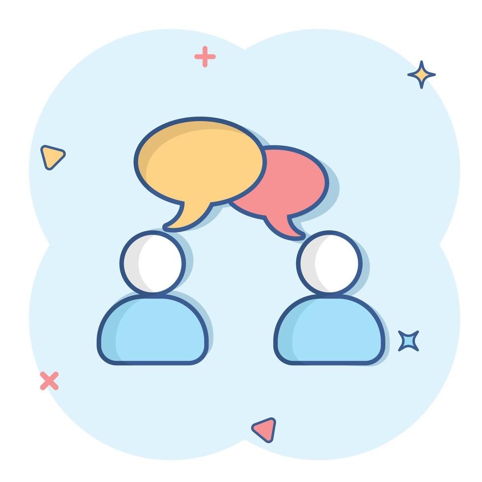 tala chatt tecken ikon i komisk stil. bubbla dialog vektor tecknad serie illustration på vit isolerat bakgrund. team diskussion knapp företag begrepp stänk effekt.