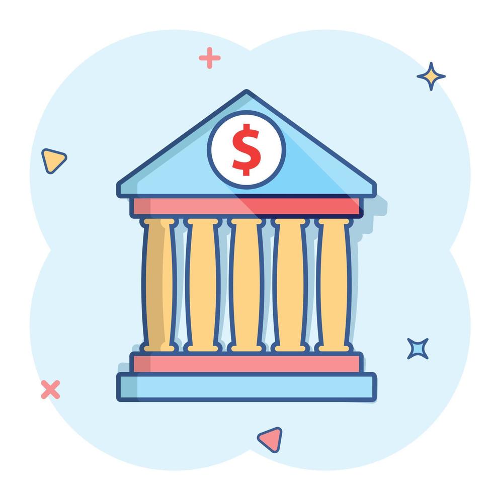 Vektor-Cartoon-Bankgebäude mit Dollarzeichen-Symbol im Comic-Stil. Bank Zeichen Abbildung Piktogramm. Geschäftskonzept Splash-Effekt aufbauen. vektor