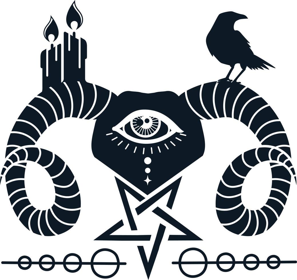 satanisk get huvud med de pentagram, öga, ljus, och korp illustration för tatuering, skriva ut, och emblem. vektor