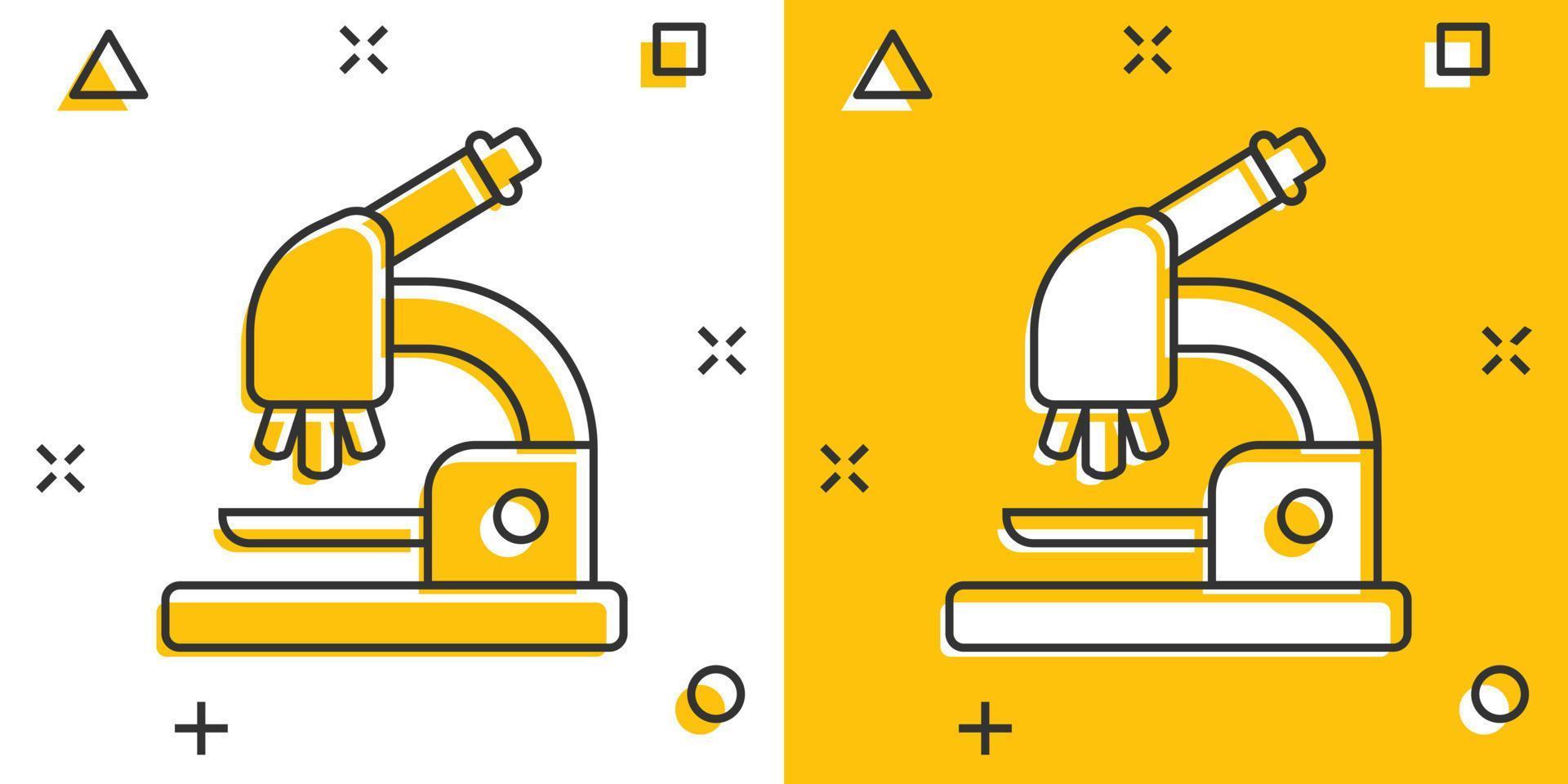 Mikroskop-Symbol im Comic-Stil. Labor Lupe Cartoon-Vektor-Illustration auf isoliertem Hintergrund. Biologie-Instrument Spritzeffekt Zeichen Geschäftskonzept. vektor