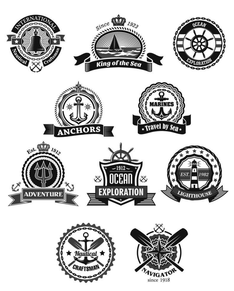 nautischer und mariner isolierter heraldischer abzeichensatz vektor