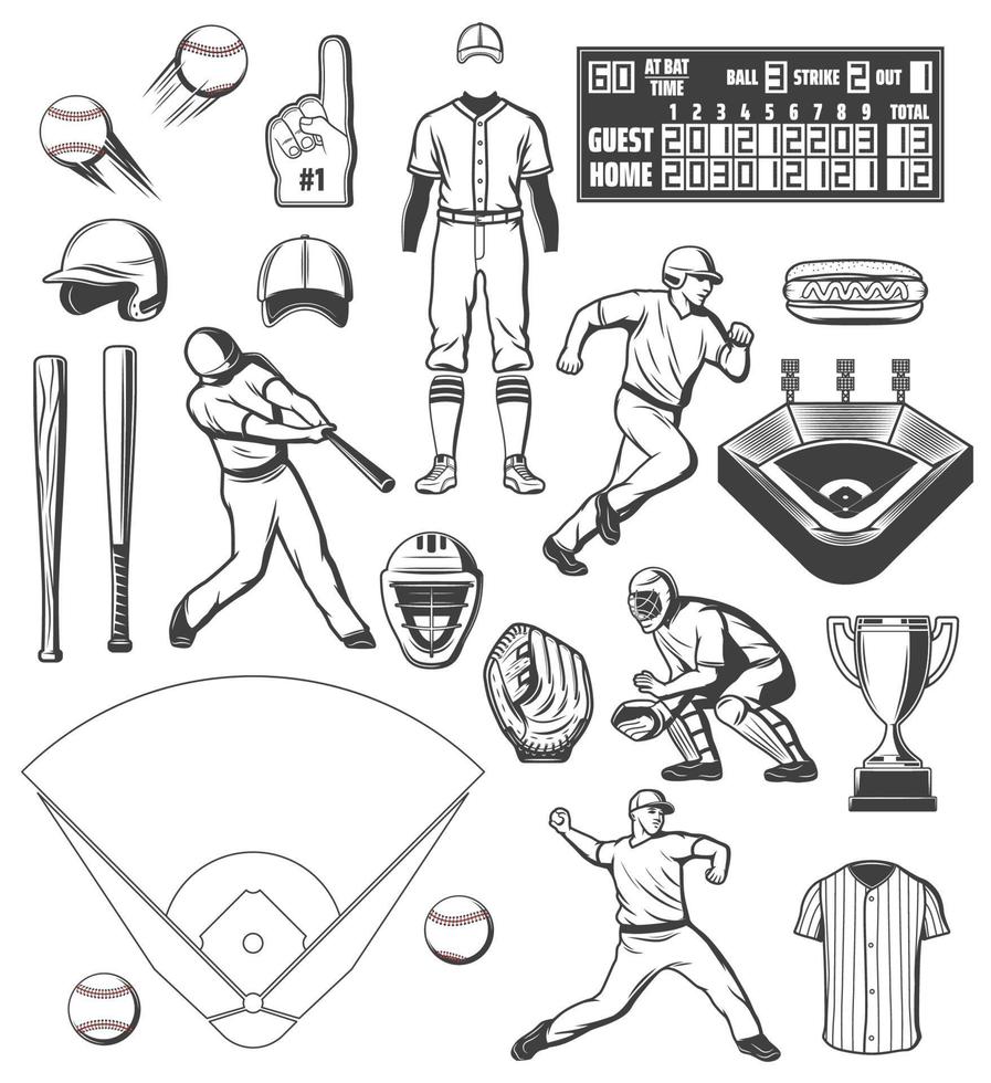 Baseball-Sportgeräte und Spieler-Outfit-Symbole vektor